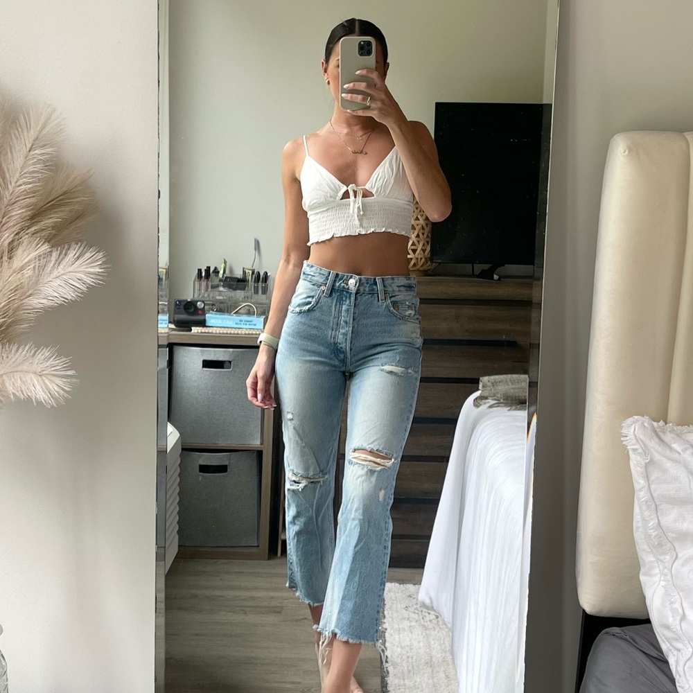 Zara High Waisted Crop Distressed Jeans